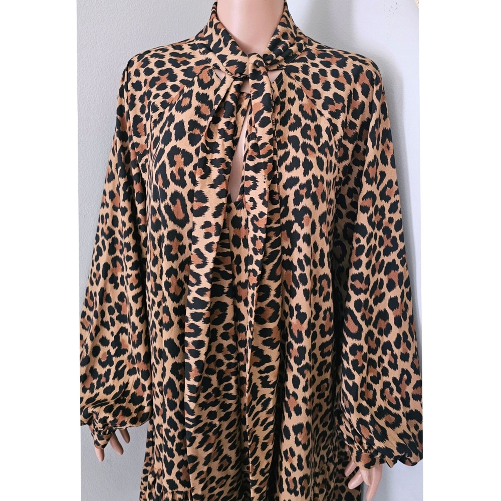 Kate Spade NY Leopard Print Necktie Drop Waist Drop Long Sleeves Swing Dress - Picture 6 of 11